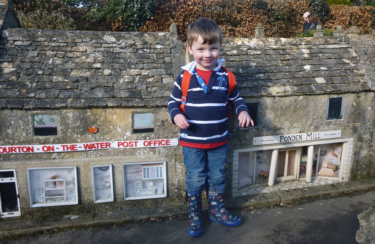 This young visitor to Bourton-on-the-Water was only three years old but he towered over the buildings in the Model Village.
